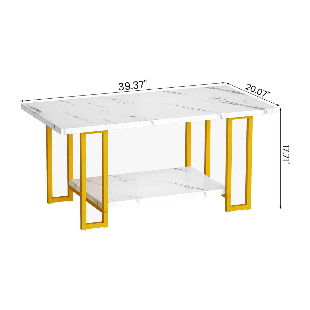 AWQM Marble Coffee Table, Faux Marble Top Rectangular Coffee Table with Gold Metal Frame, 2 Tier Living Room Table for Living Room, Office, Balcony, 40 Inch, White and Gold AWQM
