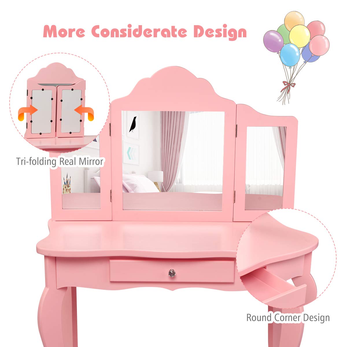 Costzon Kids Wooden Vanity Table & Stool Set, 2 in 1 Detachable Design with Dressing Table and Writing Desk, Princess Makeup Dressing Table with Two 180° Folding Mirror, for Girls, Kids (Pink) Costzon