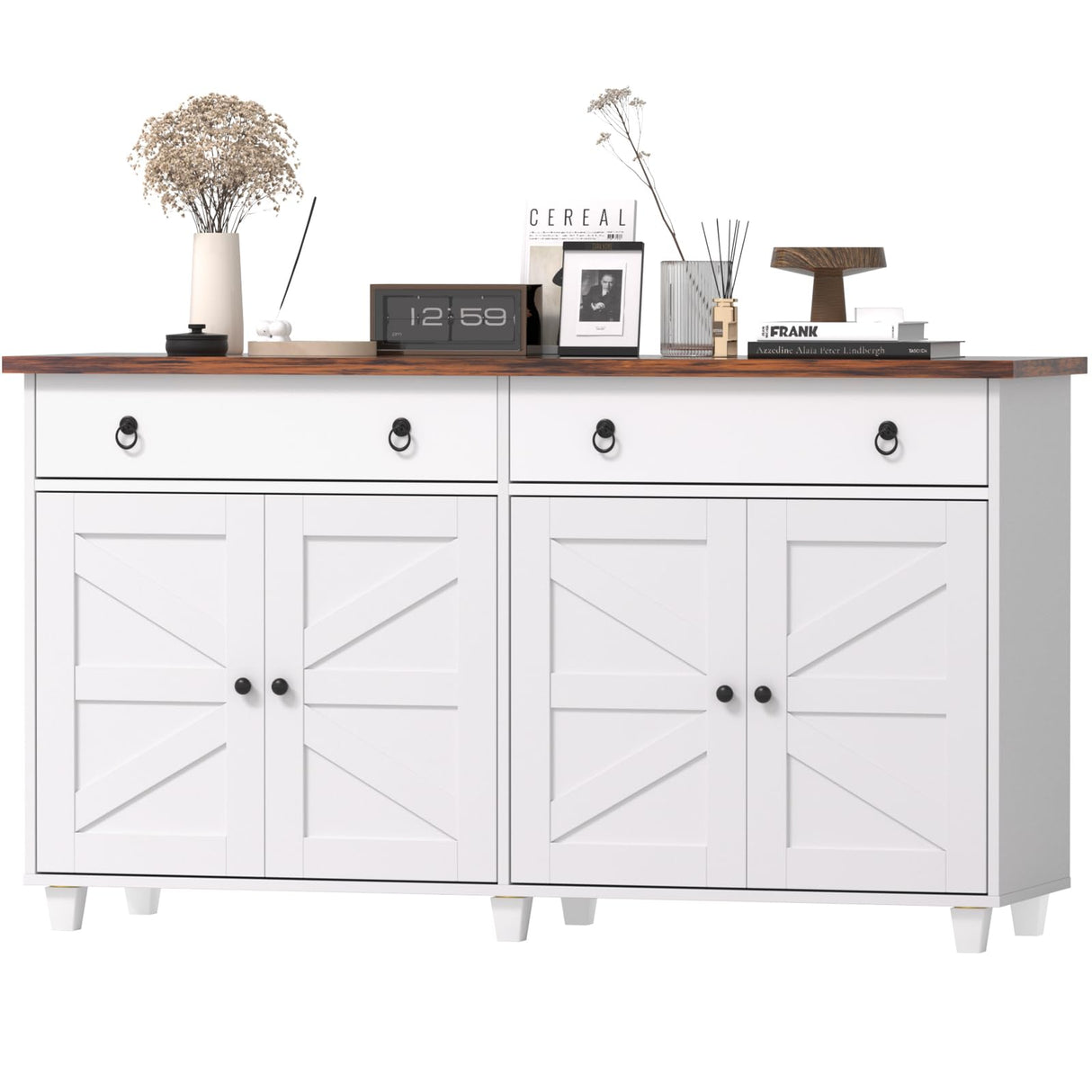 SYESWAY Buffet Cabinet with Storage, 55”Large Coffee Bar Cabinet with 2 Drawers and 4 Barn Doors, Adjustable Shelf, Modern Farmhouse Sideboard Buffet for Kitchen, Living Room, White SYESWAY