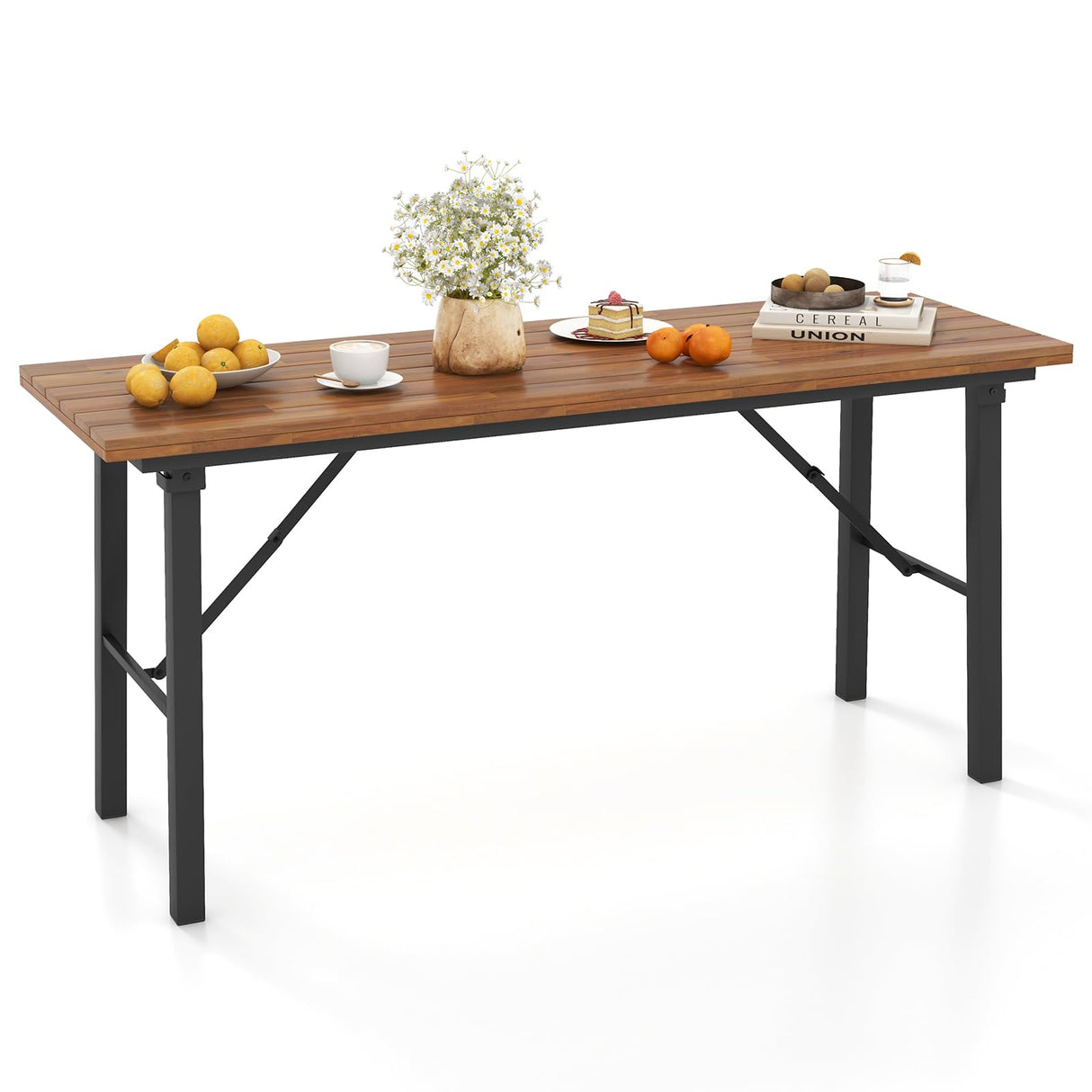 Tangkula Outdoor Dining Table for 4-6, No Assembly Foldable 59 Inches Narrow Patio Dining Table with Acacia Wood Top & Heavy Duty Metal Frame, for Yard, Garden, Poolside or Indoor (Natural) Tangkula
