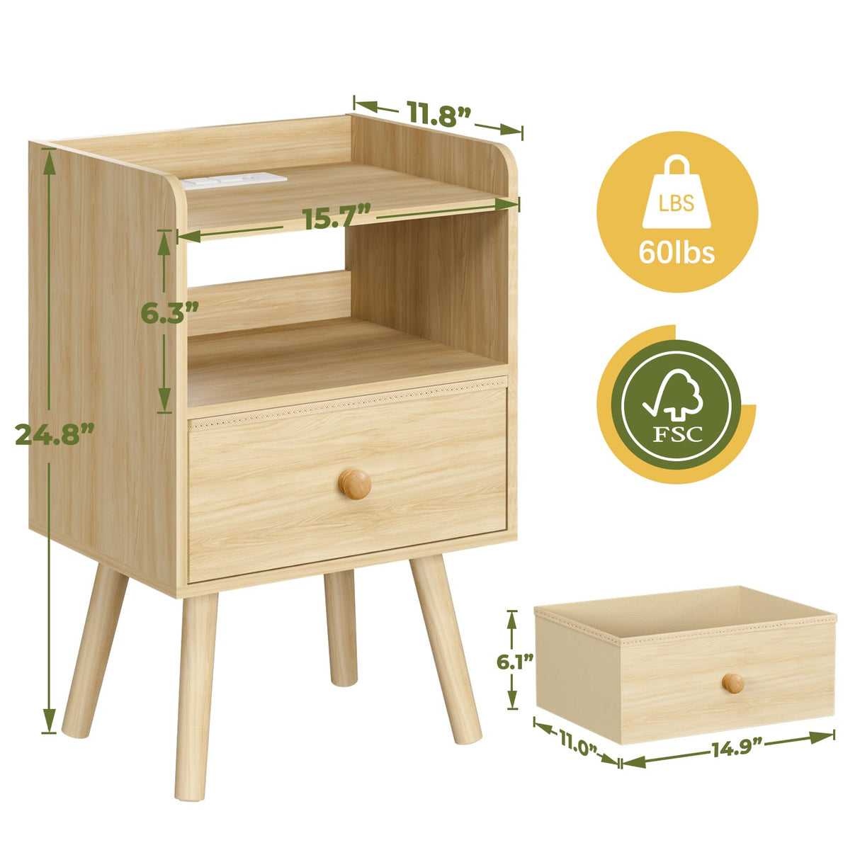 Yoobure Nightstand with Charging Station, Modern Night Stand with LED Lights, Wood Nightstands with Fabric Drawer & Storage Shelf, Night Stands Bedside Table with USB Ports for Bedroom, Office, Home Yoobure