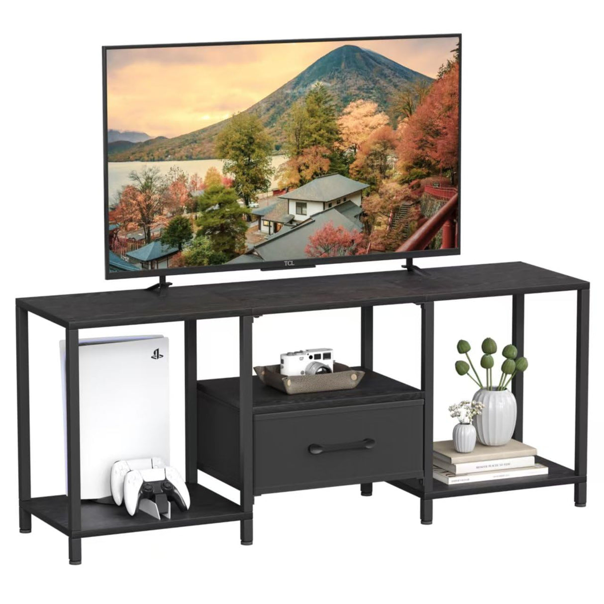 JARHETUN TV Stand with Fabric Drawer for 55 Inch TV, Entertainment Center with Open Shelves, Media TV Console Table for Living Room, Bedroom, Black JARHETUN