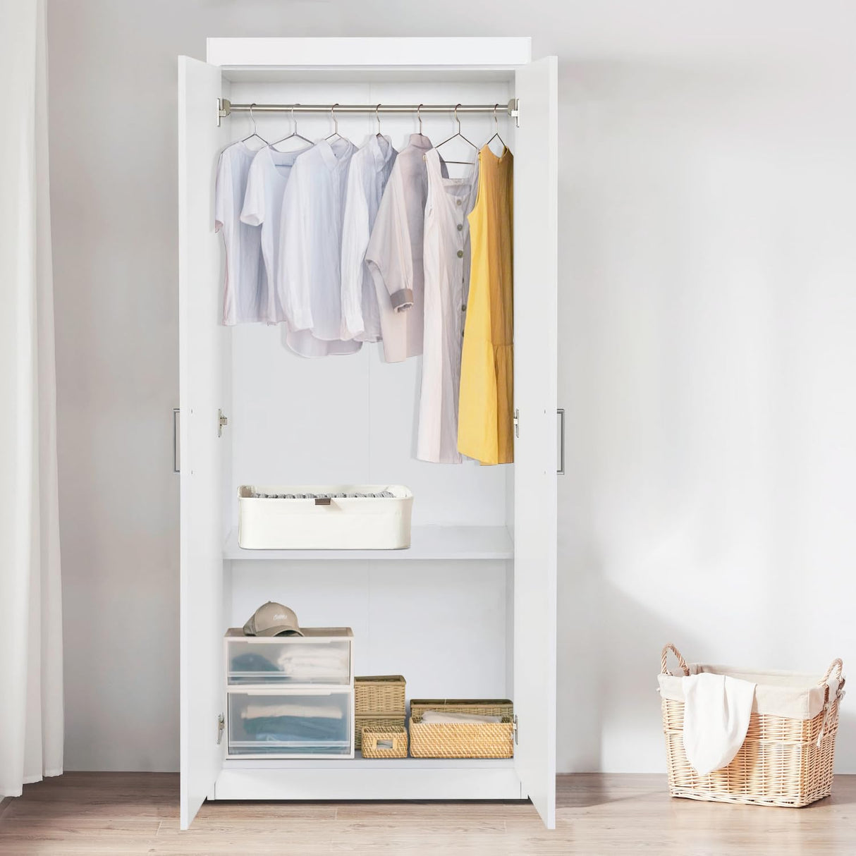 FurnitureR 2 Door Wardrobe, Wooden Armoire with Hanging Rod for Bedroom 68.2-Inch Wardrobe Storage Cabinet, White FurnitureR