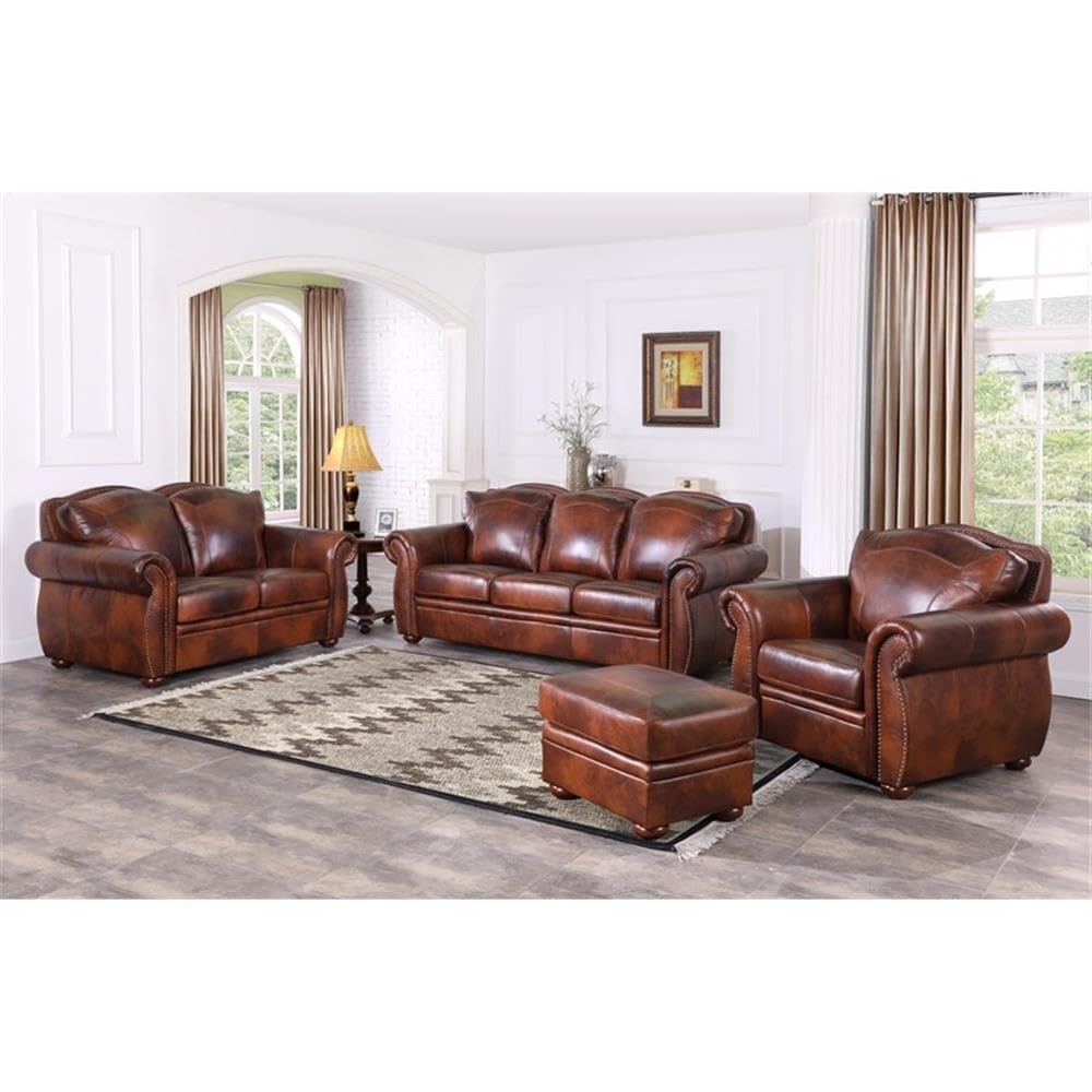 BOWERY HILL Traditional Geuine Leather Sofa in Marco Brown Finish BOWERY HILL