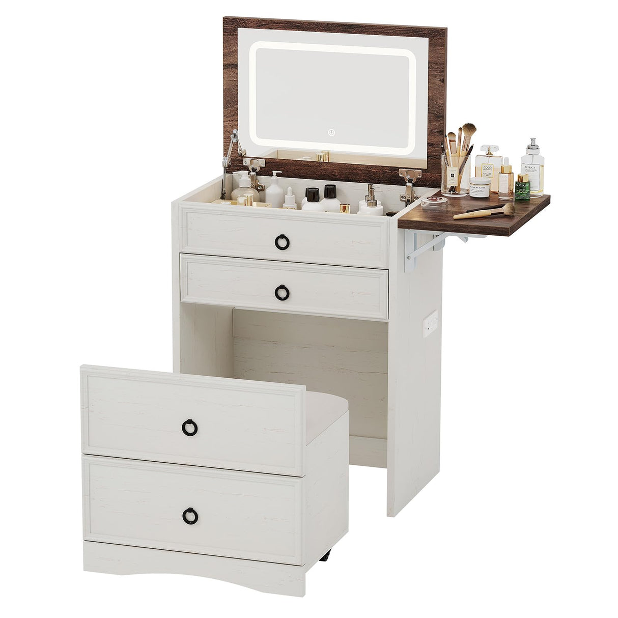 LUXOAK 3-in-1 Vanity Set with LED Lighted Flip Top Mirror, Makeup Table with Fold-Up Panel, Hidden Stool, Charging Station, Small Vanity for Bedroom & Dressing Room, Rustic White LUXOAK