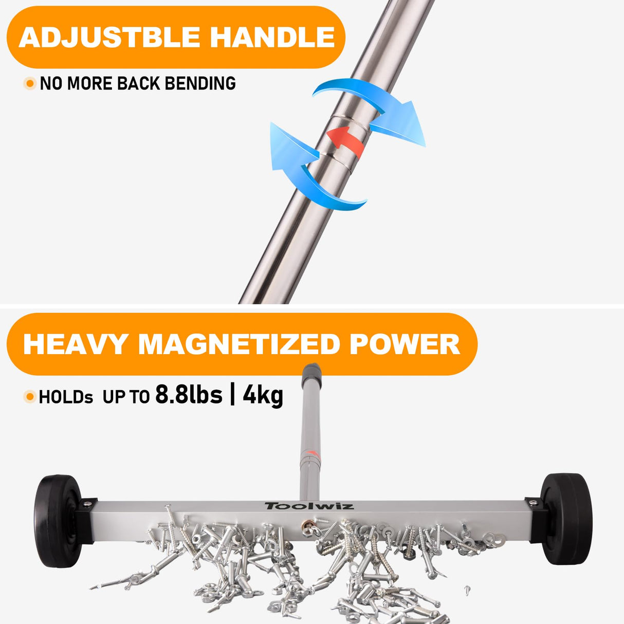 Toolwiz Magnetic Pick Up Sweeper 17-inch Heavy Duty Magnet Pickup Lawn Sweeper Roofing Tools, 8.8 Lbs Yard Tools with Telescoping Holder and Wheels to Clean Nails Adjustable Handle for Construction Toolwiz