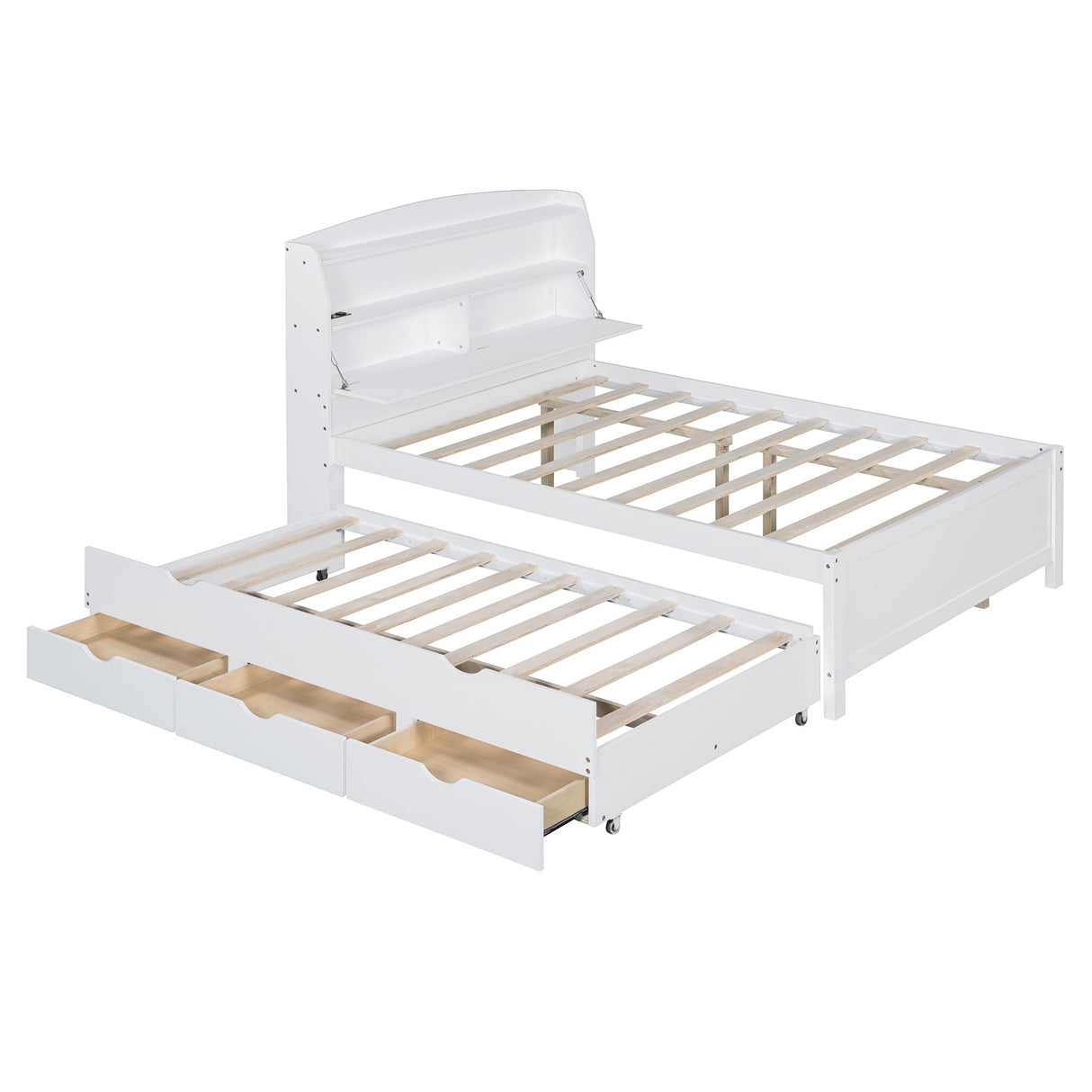 Merax Full Size LED Platform Bed with USB Outlets, Modern Wooden Bed Frame with Trundle, Storage Headboard and Drawers, No Box Spring Needed, White Merax