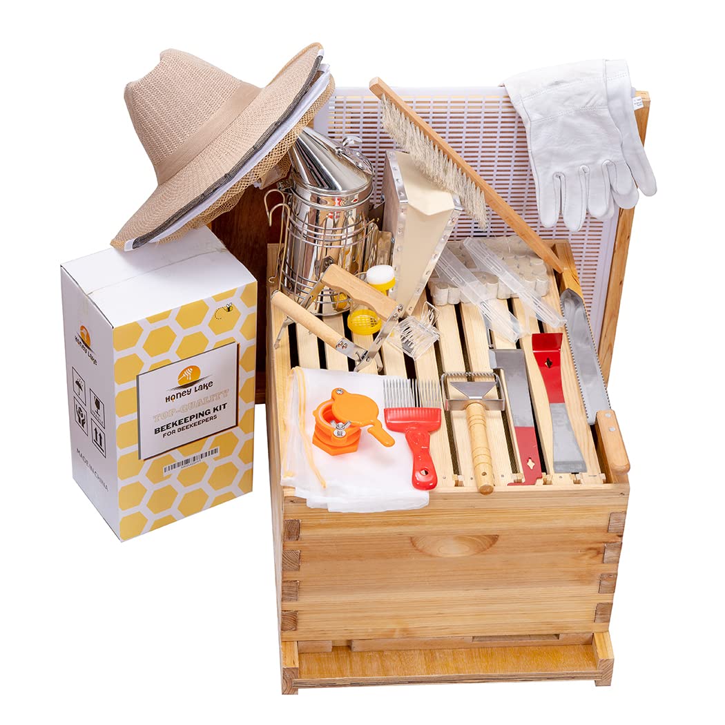 Honey Lake 8 Frame Bee Hive Starter Kit and Beekeeping Supplies, Beeswax Coated Bee Hives Boxes Starter Kit with Beehive Tool Kit Includes Bee Smoker Beekeeper Hat Honey Lake