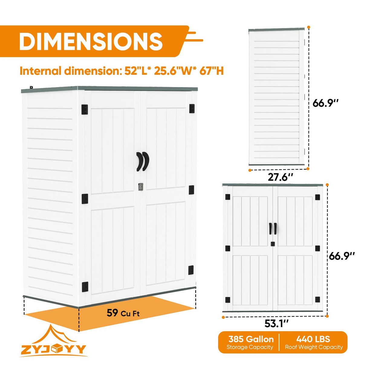 ZYJOYY 4.5 x 5.7 FT Outdoor Storage Shed, 59 Cuft Outside Waterproof Storage Cabinet, HDPE Resin Plastic 385 Gallon Outdoor Storage Container, Vertical Lockable Storage Shed, Light Grey ZYJOYY