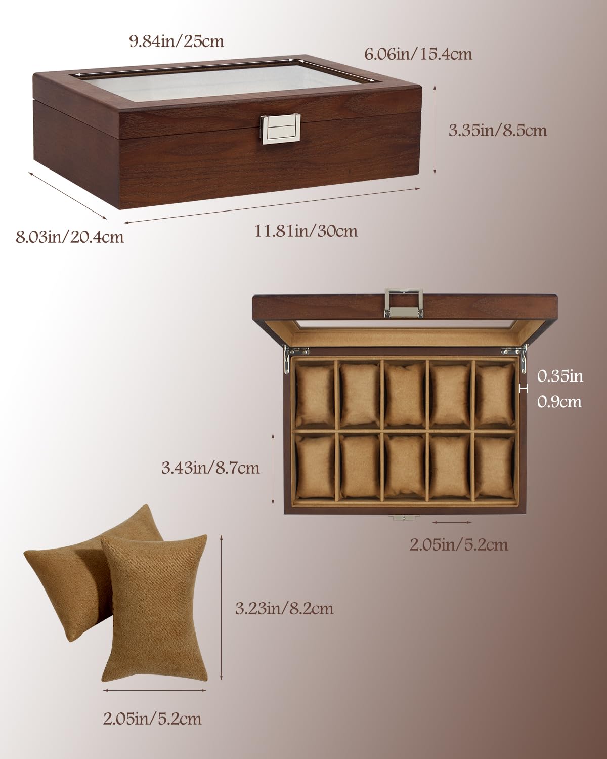 GUKA Watch Box, 10 Slot Watch Case with Real Glass Lid, Wood Watch Display Case with Cloth Watch Pillow, Watch Storage Box for Men and Women, Brown GUKA