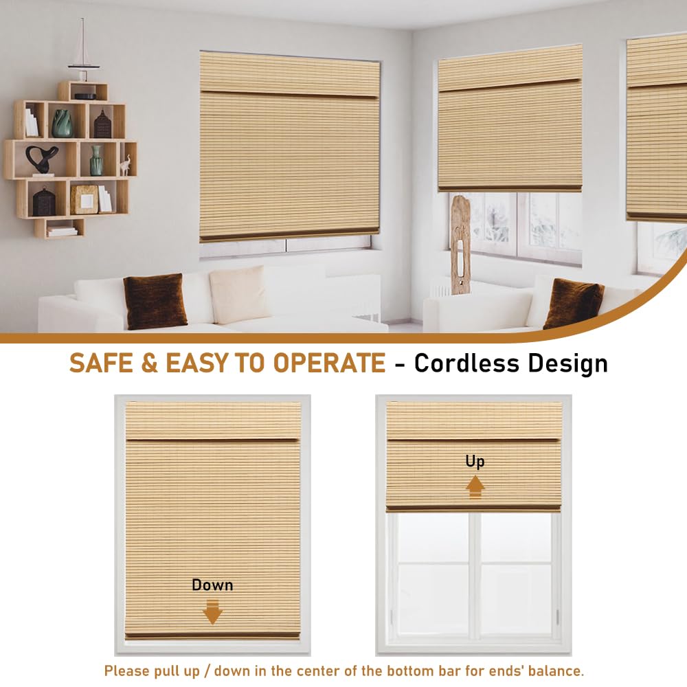 SEEYE Natural Cordless Bamboo Roman Shades - 95% Blackout Window Blinds for Home & Office, Easy Installation, 34" W x 64" H SEEYE