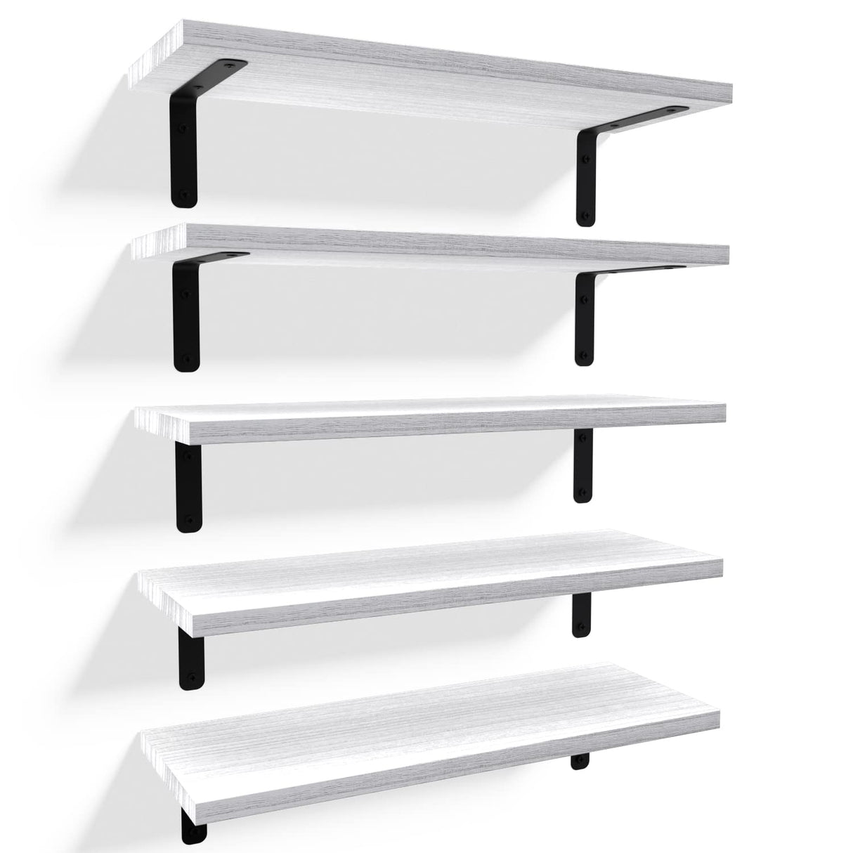 RICHER HOUSE Floating Wall Shelves, Rustic Wood Bathroom Shelves Set of 5, Farmhouse Style Shelf for Décor, Hanging Bedroom, Storage, Kitchen, Living Room - White RICHER HOUSE