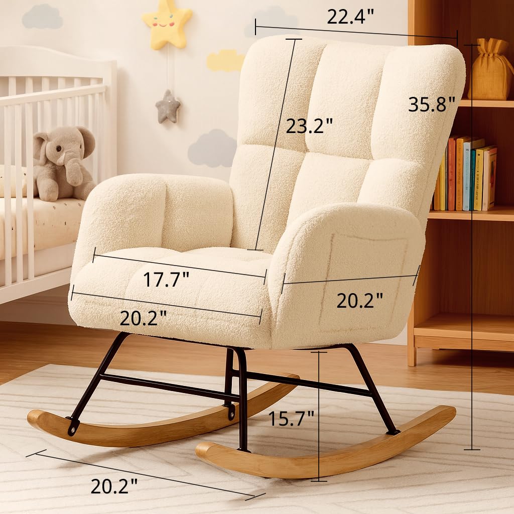 COMHOMA Nursery Rocking Chair, Teddy Upholstered Glider with Side Pockets, Accent Chair with High Backrest Reading Chair for Adult, Nursery, Bedroom, Living Room,Offices(Beige) COMHOMA