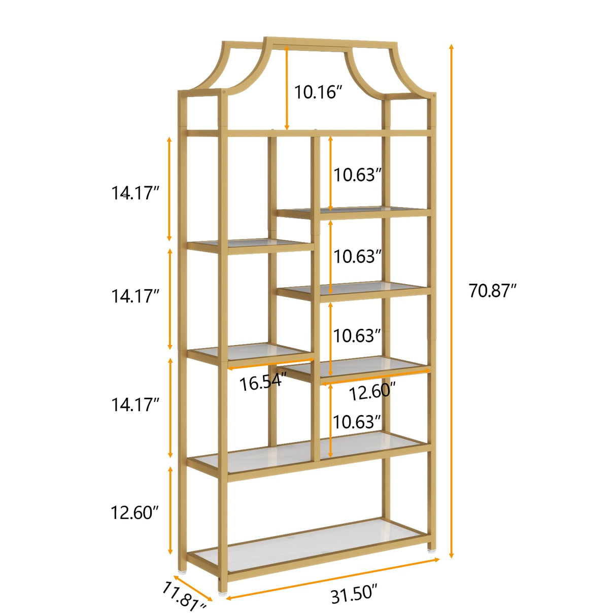 Loomie 8-Open Shelf Bookshelf, 70.87" H x 31.5" L Lux Etagere, Tempered Glass Bookcase, Tall Storage Display Modern Open Book Case for Bedroom, Home Office & Living Room, Gold Finish & Glass Shelving Loomie