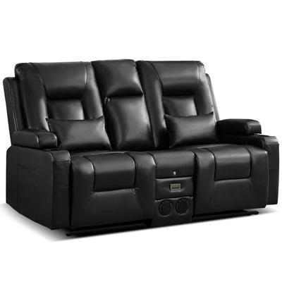 URRED Manual Reclining Loveseat Sofa with Console, Double Recliner RV Couch with Bluetooth Speakers, USB & Power Outlet, Cup Holders, Pillow and Side Pocket, for Home Theater, Faux Leather, Black