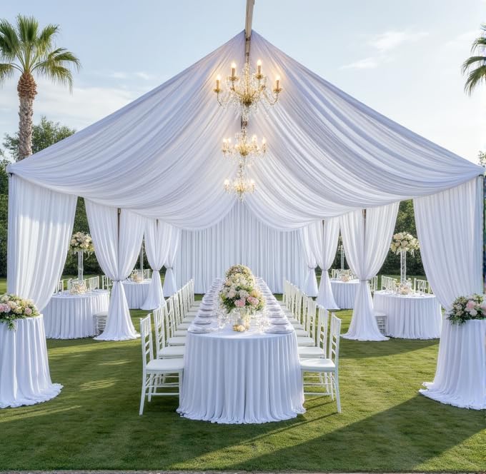 20ftx30ft White Ceiling Curtain for Wedding Parties – 4 Panels Wrinkle-Free 30 FT Long Tent Draping Curtains for Wedding, Birthday & Theme Parties, 30ft Height with Rod Pocket Party Village
