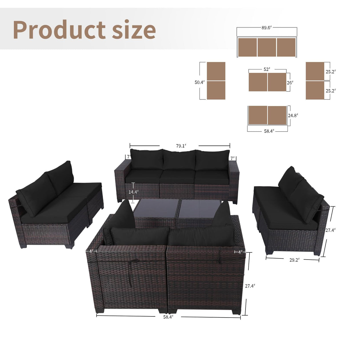 LEVELEVE 11 Pieces Outdoor Patio Furniture Sets,Rattan Conversation Sectional Set,Manual Weaving Wicker Patio Sofa,w/Table&Wide Armrest LEVELEVE