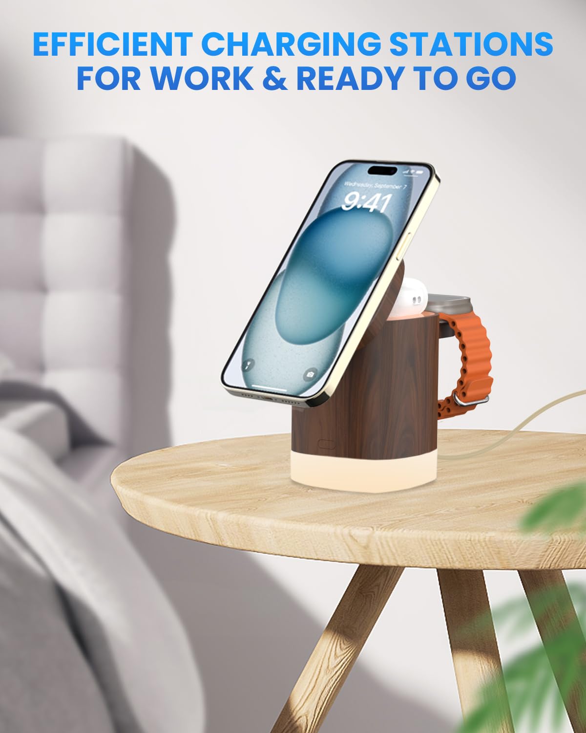 JoyGeek 3-in-1 Charger Stand for Magsafe: Foldable Wireless Charging Station with Night Lights - Magnetic Charger Dock for iPhone 15/14/13/12 Pro/Max/Plus, AirPods, Apple Watch 2-9/Ultra (Burly Wood) JoyGeek