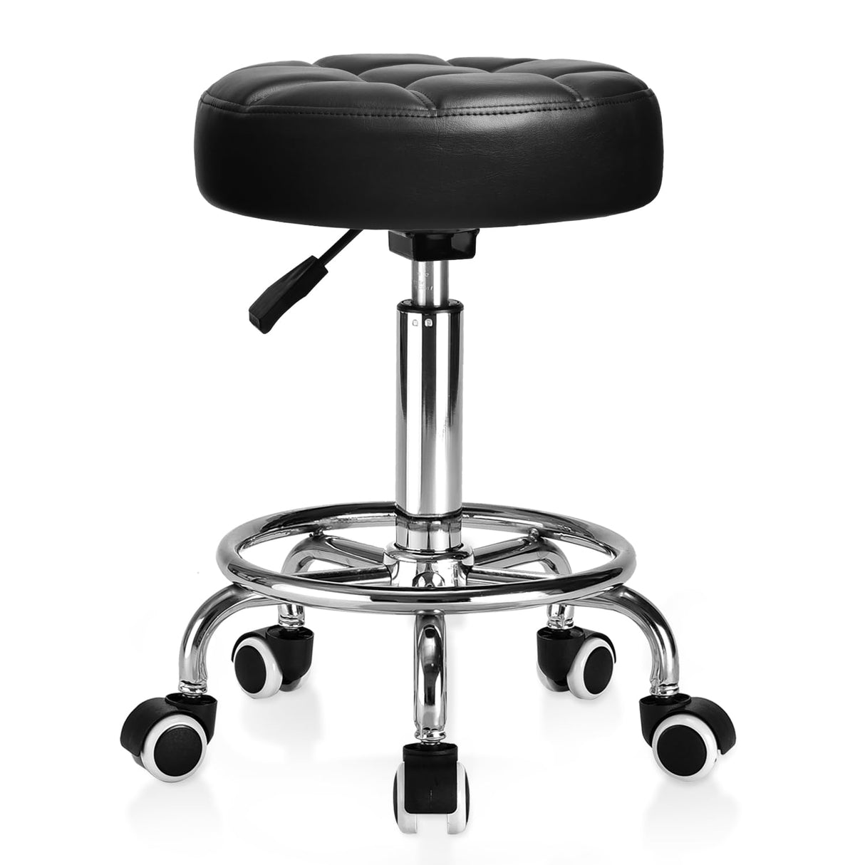 Rolling Stool PU Leather Round - Ultra Soft Padded Seat Cushion Stool with Wheels with Footrest, Weight Capacity 300lb,Adjustable Height Stool for Tattoo Massage Salon Medical Spa Center (Black1) YEEZEE