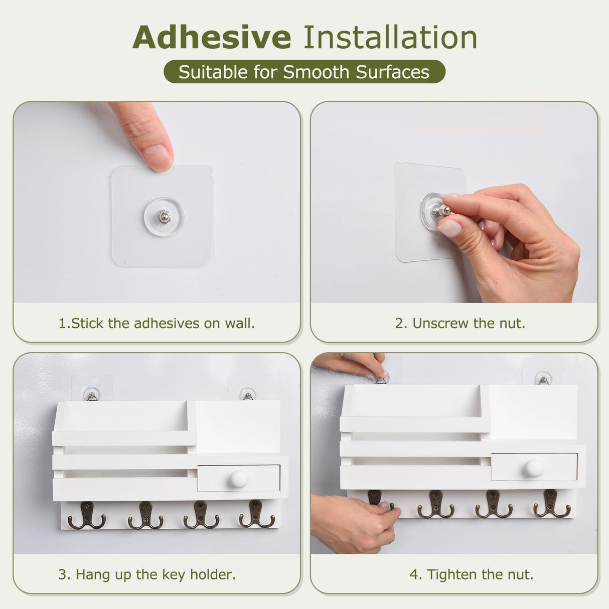 HOMEBROS Key Mail Holder for Wall, White Wooden Key Mail Organizer with Drawer Wall Mount Key Rack with Shelf Key Storage Hanger with 8 Key Hooks for Entryway Hallway 2 Installation Methods HOMEBROS