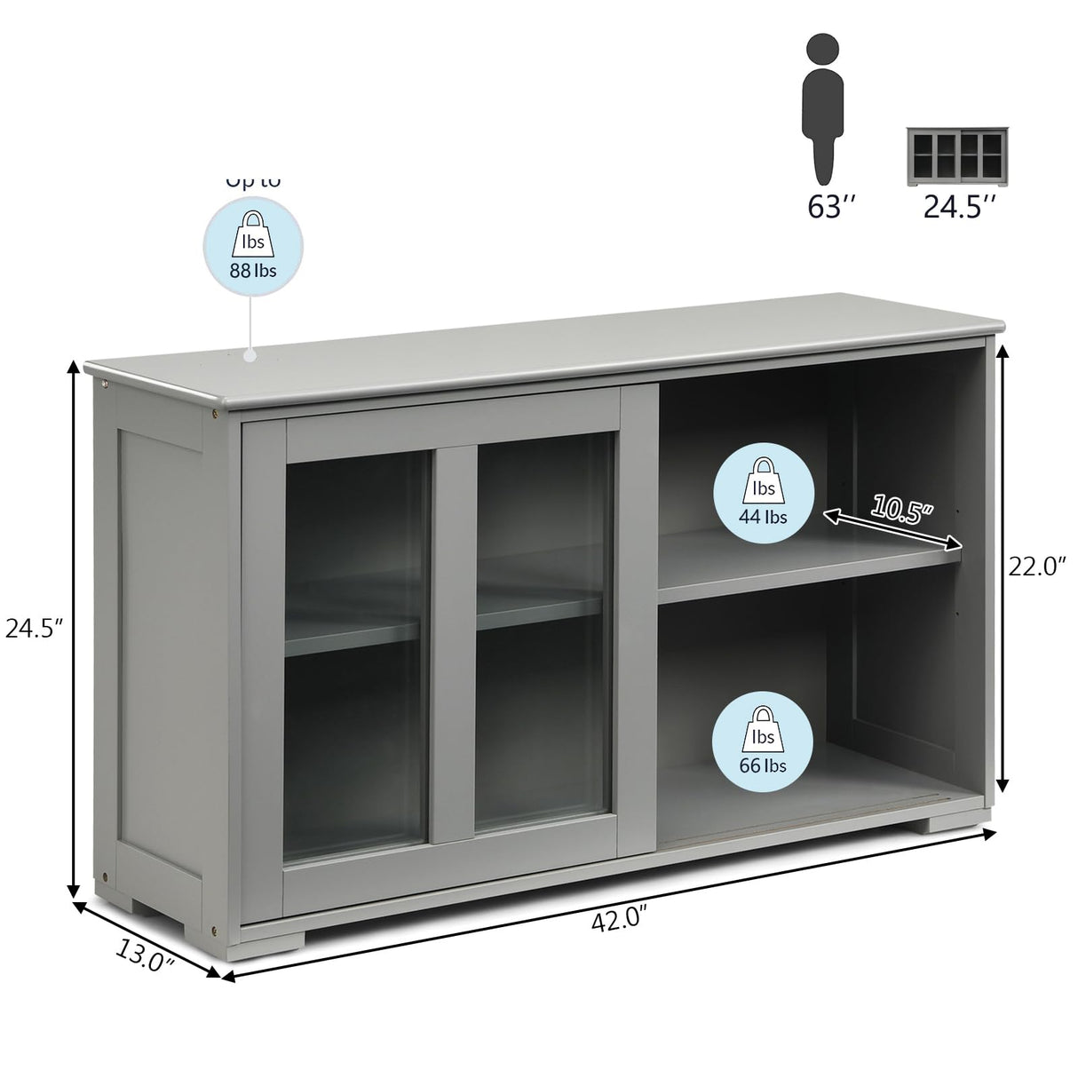 CHEFJOY Sideboard Buffet Cabinet, Stackable Cupboard Storage Table with Adjustable Shelf & Glass Sliding Doors, Wooden Credenza Coffee Bar Cabinet for Kitchen/Dining Room/Living Room/Entryway (Grey) CHEFJOY