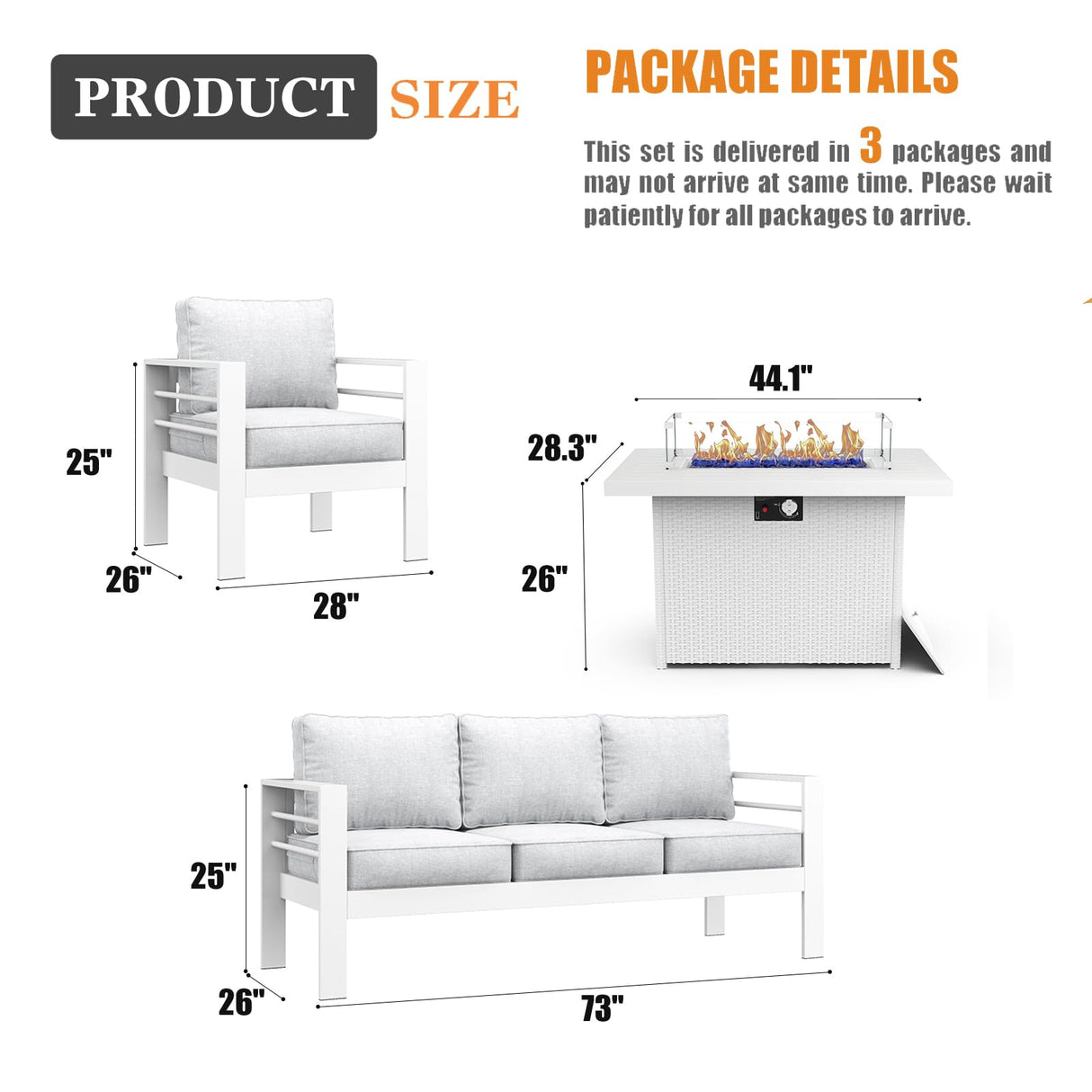 Vakollia 4 Pieces Modern Aluminum Patio Furniture Set with Fire Pit Table, Outdoor Conversation Sets Metal Sectional Sofa Vakollia