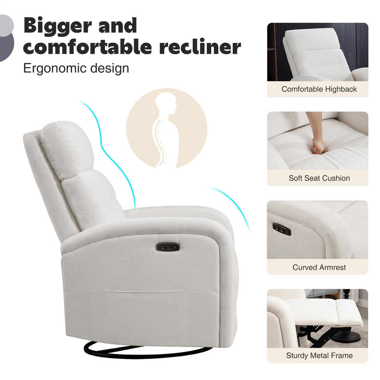 BaseBeauty Power Glider Recliner Nursery Rocking Chairs with USB, Electric Swivel Rocker Glider Chair for Living Room, Upholstered Recliner Chairs for Bedroom, Bedroom, Chenille White BaseBeauty