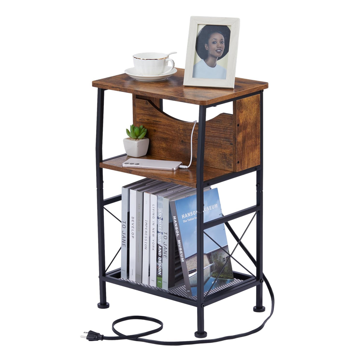 3 Tier Narrow Side Table with Charging Station, Slim End Table Nightstand Table Storage Shelf With Hidden USB Ports , Two Installation Methods For Small Spaces/Bedroom/Living Room/Office,Rustic Brown YEAKOO