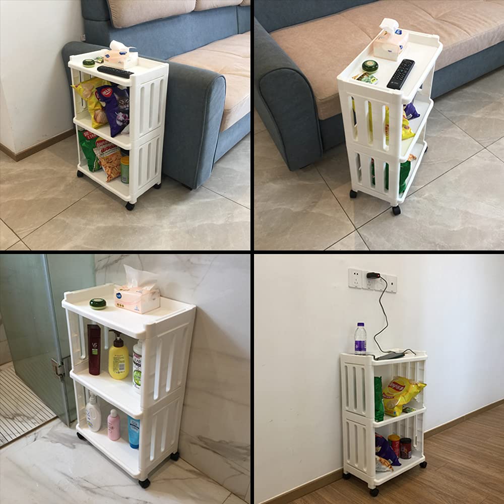 Rolling Storage Utility Cart Slim Organizer Shelf with Wheels 3 Tier Narrow Places Mobile Shelving Unit Tower Rack for Kitchen Bathroom Laundry Room Home Office Bedroom Living Room Washroom, White TENBOAT