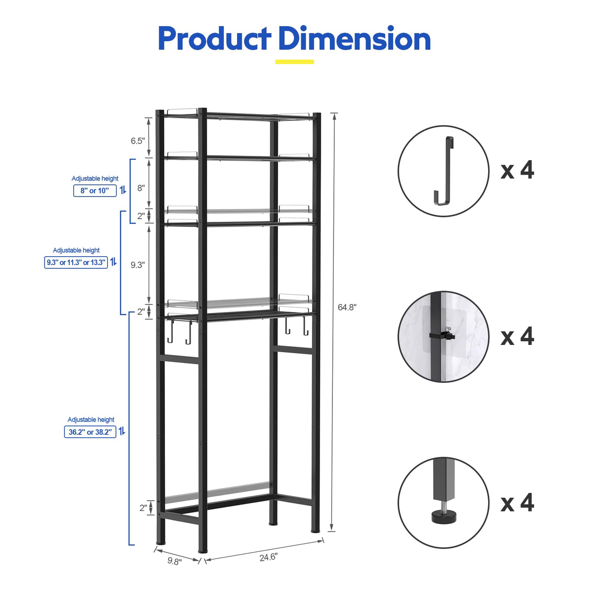 samstar 4 Tier Over The Toilet Storage Rack, Bathroom Organizer Shelves Cabinet Above Toilet, with Adjustable Height Freestanding Shelf Space Saver, Black samstar