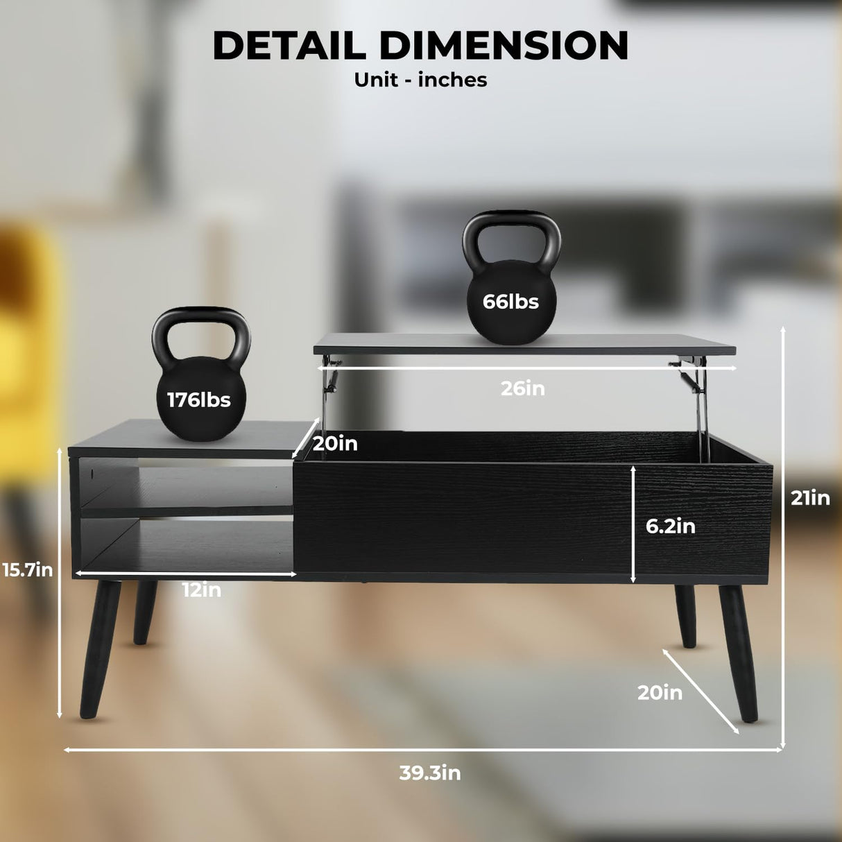 MGHH Wood Lift Top Coffee Table with Hidden Compartment & Adjustable Storage Shelf, Side Tables Lift Tabletop Dining Table for Home Living Room, Office, Reception Room, Black MGHH