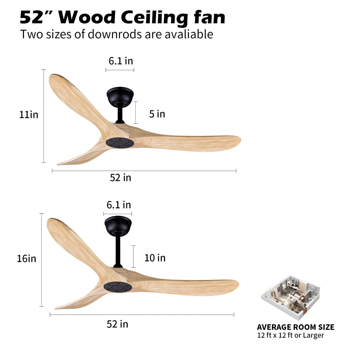 Bigzone 52" Outdoor/Indoor Ceiling Fans Without Lights, DC Motor Energy Saving, 3 Solid Wood Blades, Outdoor Ceiling Fans For Patios With Reversible Blades Bigzone