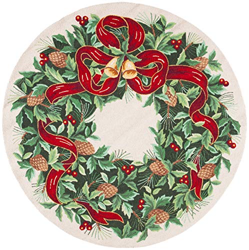 SAFAVIEH Vintage Poster Collection 3' Round Ivory / Green VP323B Handmade Christmas Wreath Novelty Premium Wool Area Rug SAFAVIEH