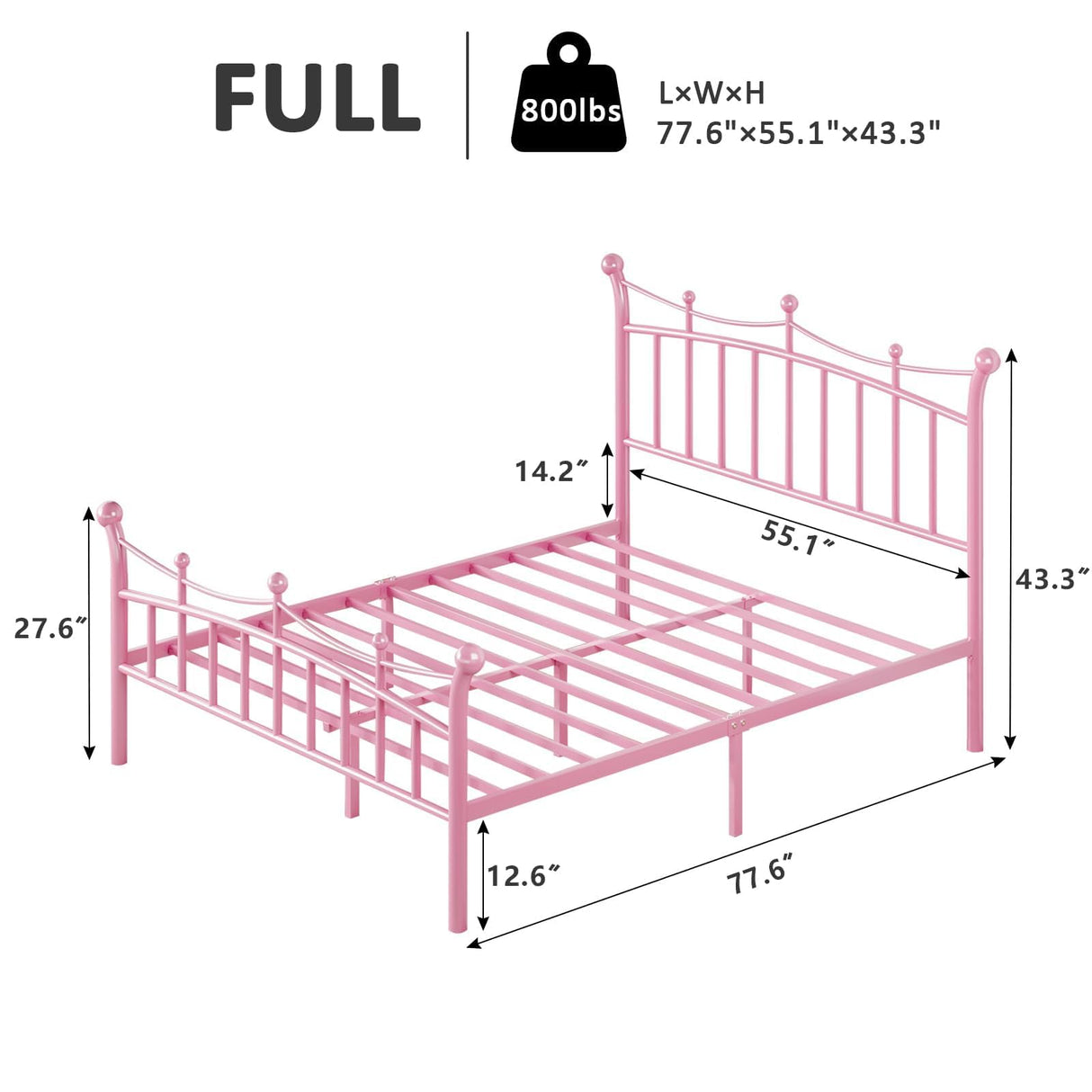 HOMBCK Full Size Metal Bed Frame with Headboard, Pink Bed Frame with Crown Headboard and Footboard, Wrought Iron Art, Under Bed Storage, Mattress Anti-Slip, No Box Spring Needed, Easy Assembly, Pink HOMBCK