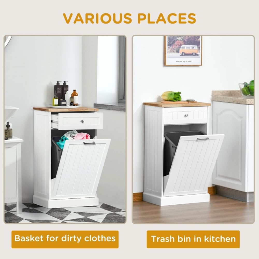 HomVent Wooden Pull Out Trash Can Cabinet, Tilt Out Free Standing Recycling Cabinet for Kitchen, Kitchen Hideaway Trash Can Cabinet with Drawer (White) HomVent