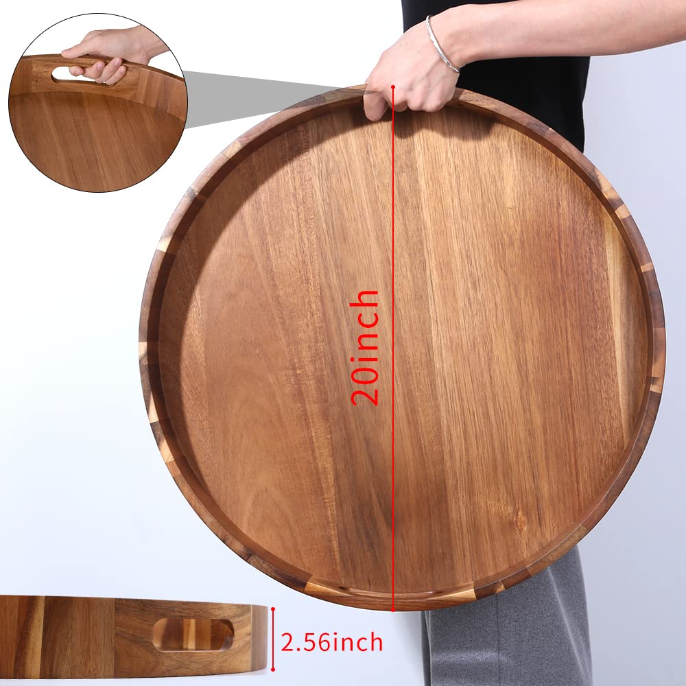 Round Wooden Serving Tray with Handles,20" Large Diameter Wood Serving Trays for Ottoman,Rustic Acacia Wood Circle Tray for Eating, Entertaining,Decorating and Organizing GinSent