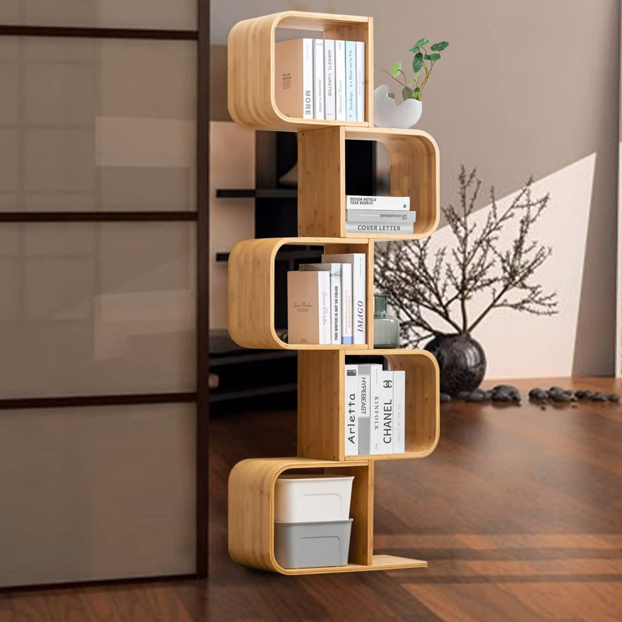 5-Tier S-Shaped Geometric Modern Bamboo Bookshelf, Large Capacity Creative Display Curved Rack Free-Standing Bedside Table 2 in 1 Bookcase Storage CDs, DVDs Book Shelf for Home, Office, Living Room briteman