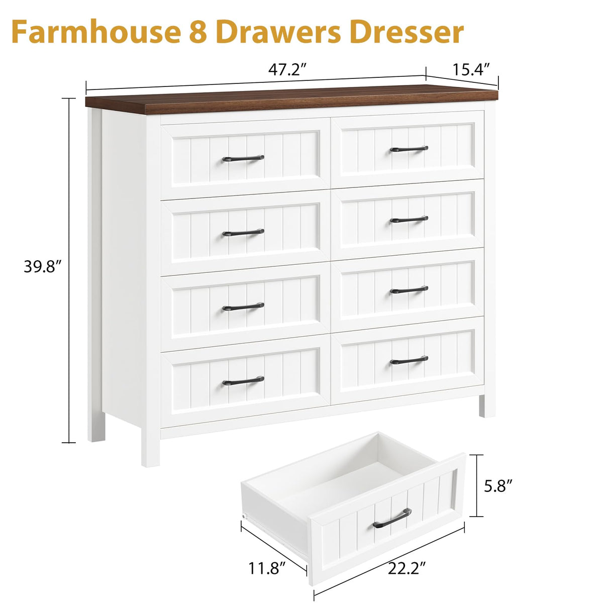 Jocoevol Elegant Farmhouse 8 Drawer Dresser for Bedroom - Large Wooden Double Dressers with Deep Drawers Dressers for Hallway, or Entryway - White & Brown Jocoevol