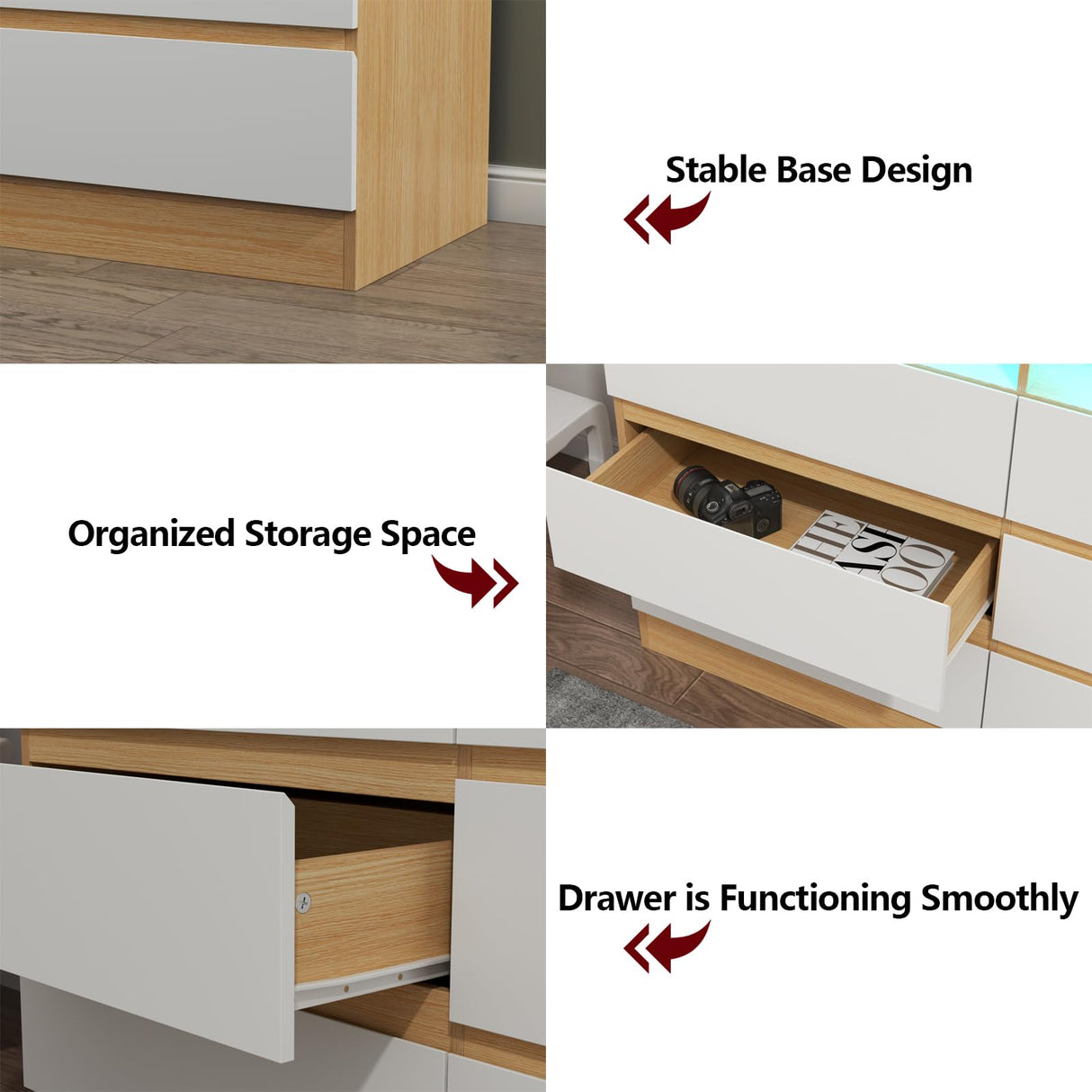 Auromie 6 Drawers Dresser, Double Modern Chest of Drawers with Power Outlet, Dresser TV Stand with Led Light Strip, Drawer Organizer for Bedroom, Living Room, Hallway (Light Walnut + White, 9 Drawer) Auromie