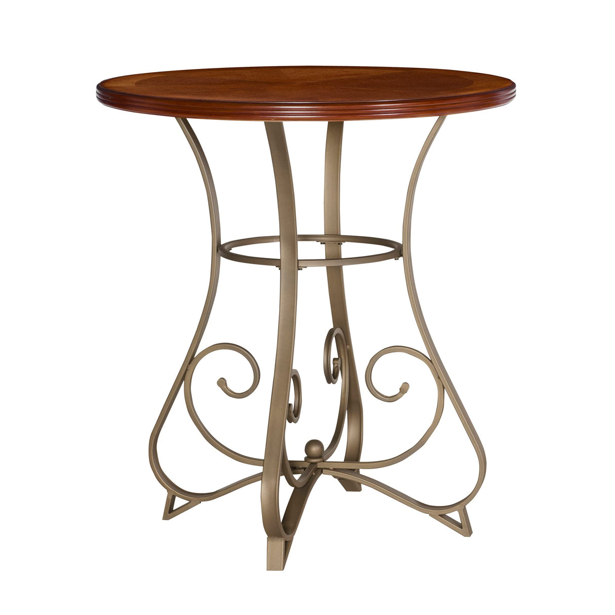 Powell 697-404 Hamilton Pub Table, Brushed Faux Medium Cherry wood Matte Pewter & Bronze metal 36" x 36" x 42" tall Powell