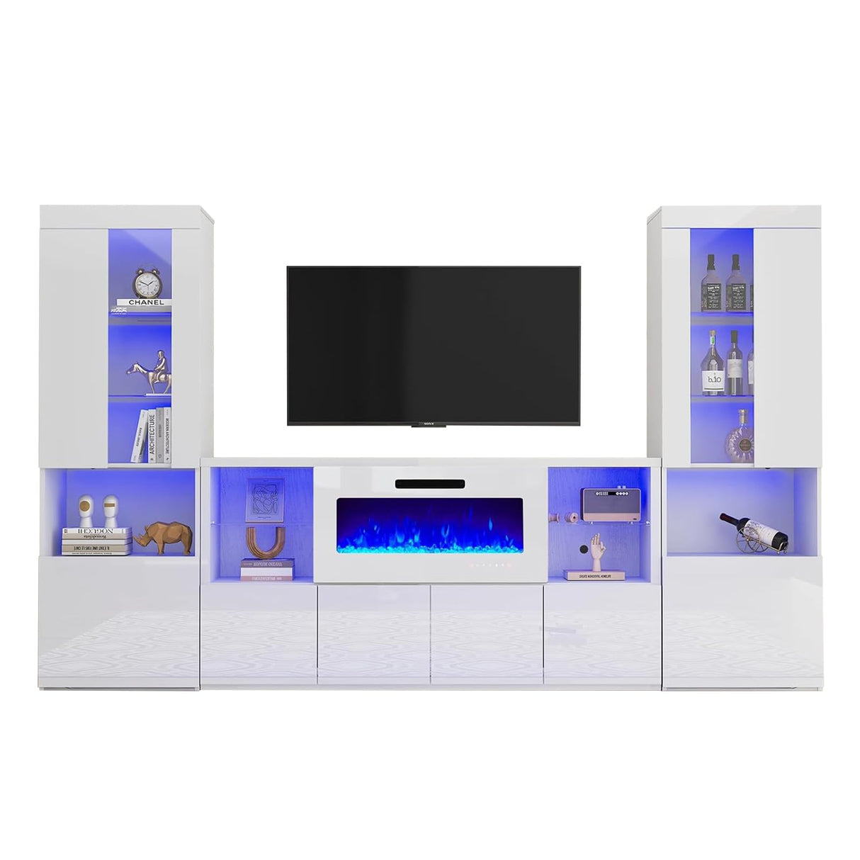 AMERLIFE Modern 3-Piece High Gloss Fireplace TV Stand & Bookcase Set in White AMERLIFE