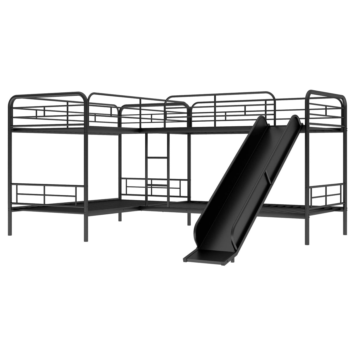 Quad Bunk Bed with Slide, L Shaped Bunk Bed for 4, Twin over Twin Metal Bunk Frame for Kids Teens Girls Boys (Black) Bellemave