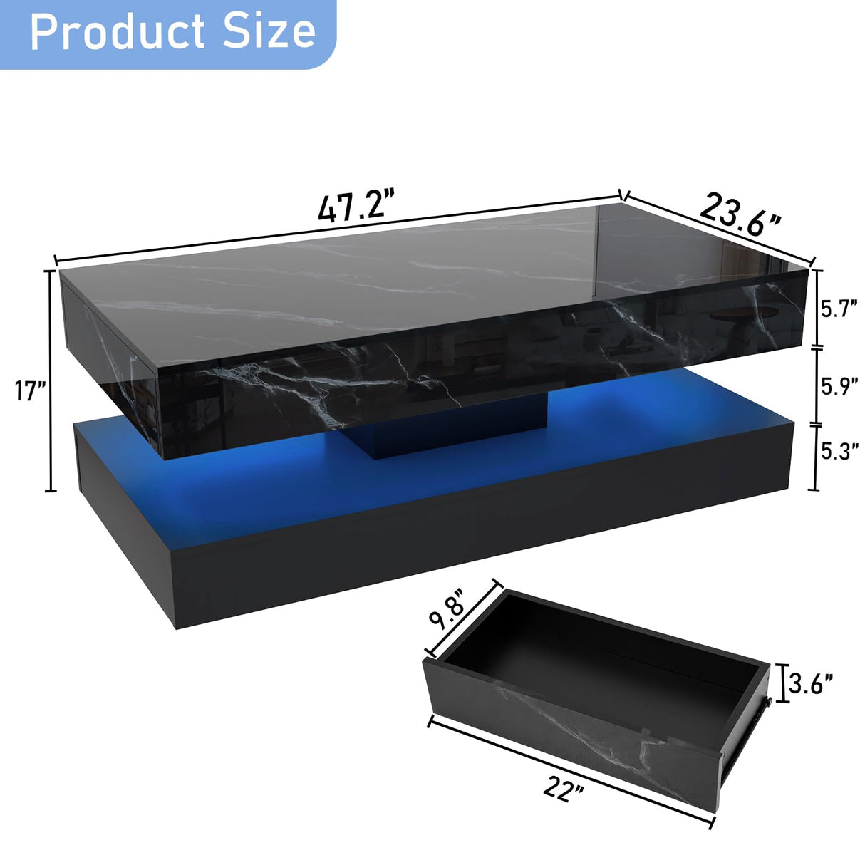 chartustriable 47inch Large High-Glossy LED Coffee Table with 2 Sliding Drawers, Living Room Storage Tables with Marbling Print, Modern Stylish Double-Layer Center Tables w/LED Lights, Black chartustriable