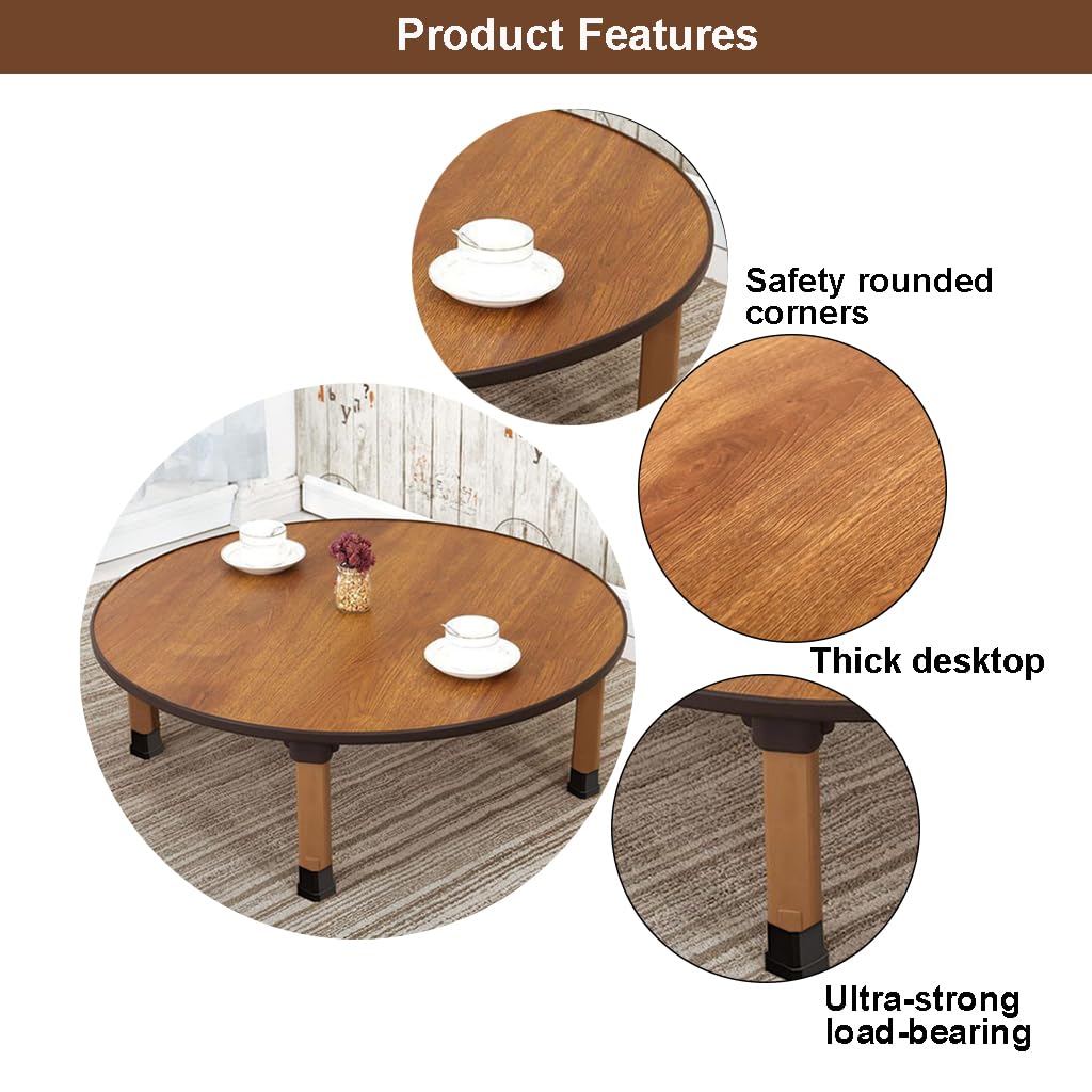 BUSVORES Japanese Foldable Coffee Table, Portable Low Tea Table Wooden Folding Dining Study Breakfast Serving Table Collapsable Small Desk Tatami Sitting On The Floor Table (23.6 * 11.8in, Round) BUSVORES
