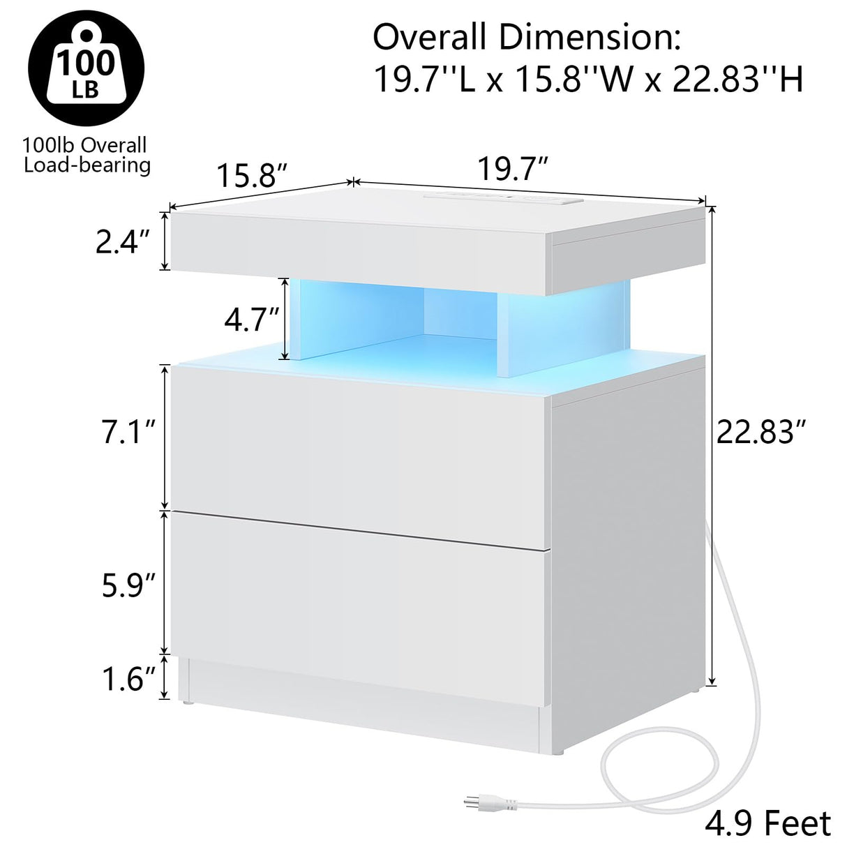 HOMMPA LED Nightstand with Wireless Charging Station & USB Ports High Gloss Bedside Table with LED Light RGB Adjustable Brightness Smart Nightstand 2 Drawers Night Stand for Bedroom White HOMMPA