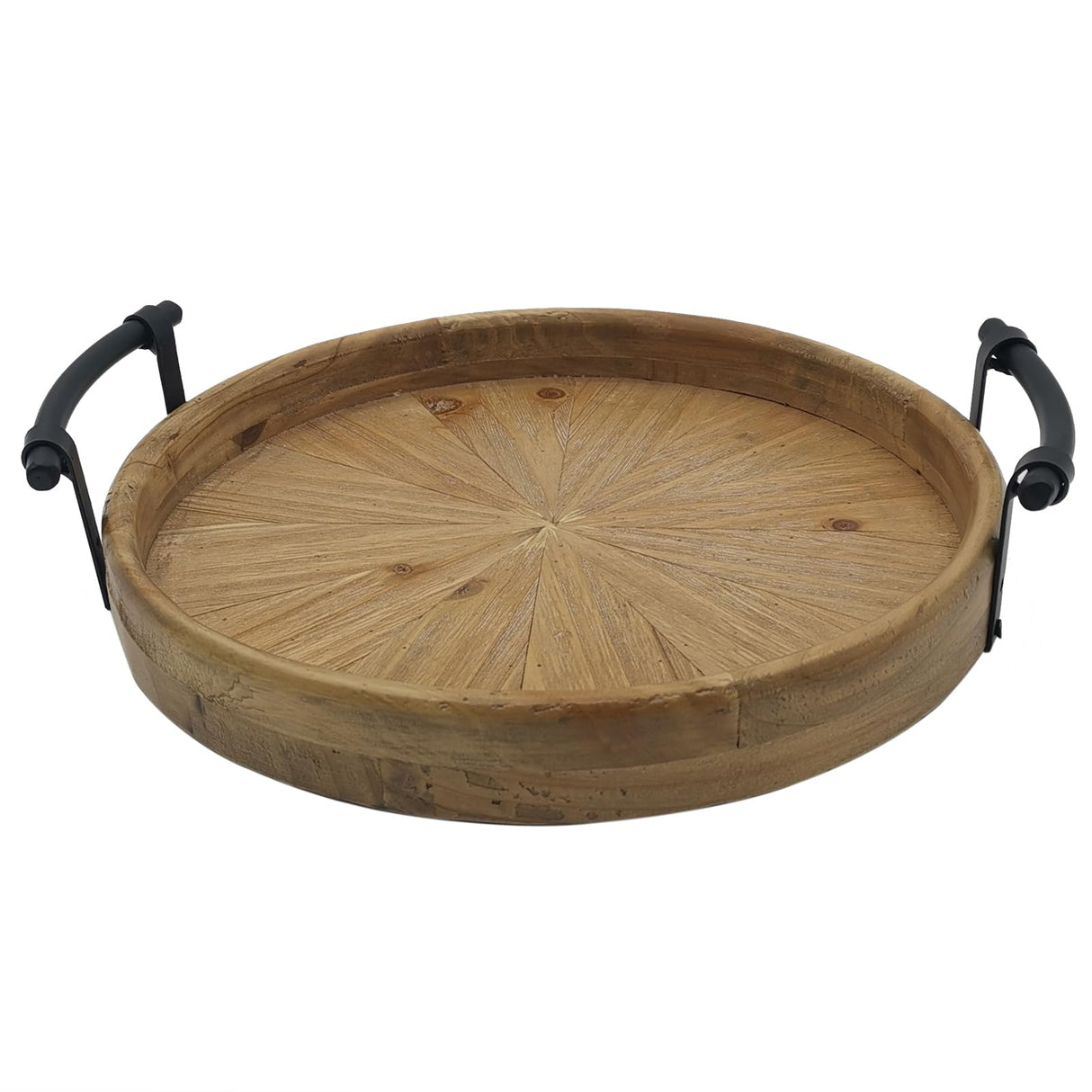 Rustic Round Wooden Decorative Tray with Metal Handles, Multi-Purpose Ottoman Tray, Farmhouse Serving Tray for Coffee Table, Kitchen or Living Room dugunusu