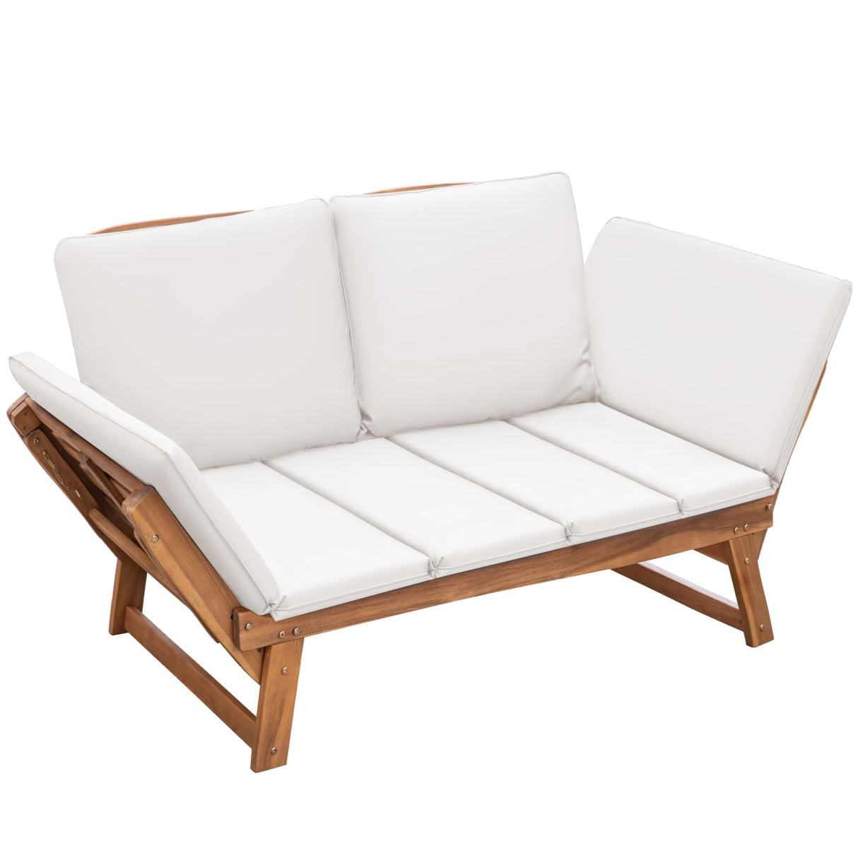 Devoko Outdoor Couch Acacia Wood Patio Couch with Adjustable Armrests, Outdoor Convertible Sofa with Removable Cushions & Pillows for Patio, Porch, Poolside(White) Devoko