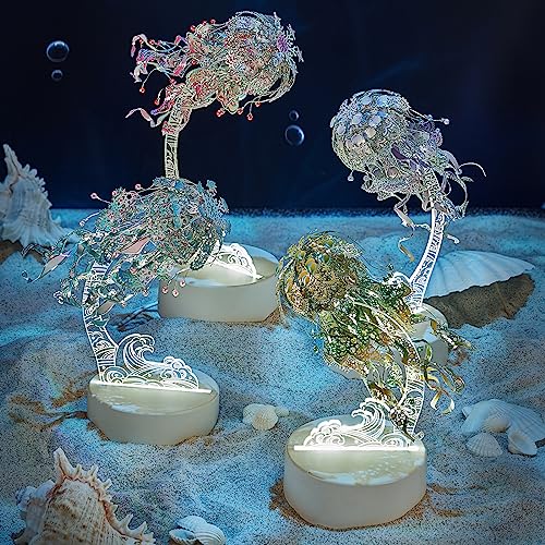 Piececool 3D Metal Puzzles for Adults - Marine Organism Jellyfish Night Light with USB Plug, Hobbies DIY Metal Arts & Crafts 3D Model Building Kits, Creative Gifts & Home Decor