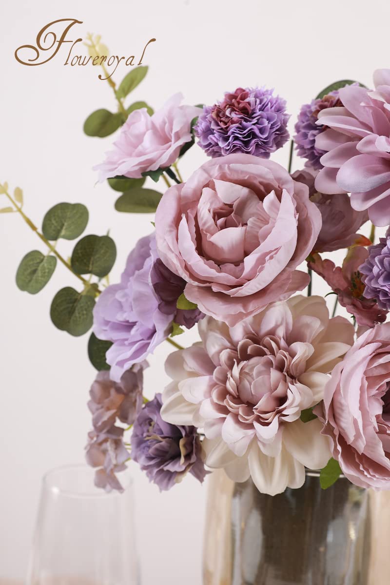 Floweroyal Artificial Flowers Combo Purple Flowers Mix Silk Flowers Dahlia Roses with Stems for DIY Wedding Bridal Bouquets, Baby Shower, Floral Arrangement, Table Centerpieces, Home Decorations. Floweroyal