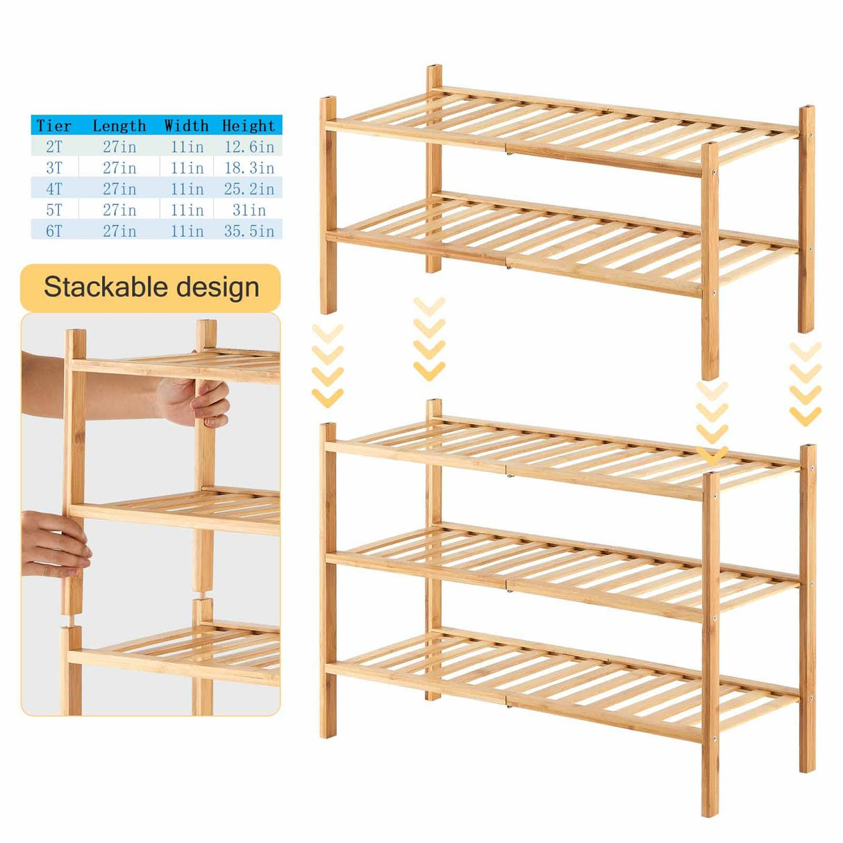 4-Tier Bamboo Shoe Rack for Entryway, Stackable | Heavy Duty | Multi-Function, Free Standing Shoe Racks for Bedroom Hallway Closet Furshus